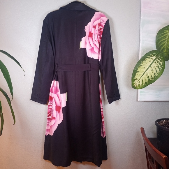 Maraval Silky Black Pink Rose Floral Bohemian Belted Classic Trench Coat Dress M - Picture 6 of 11